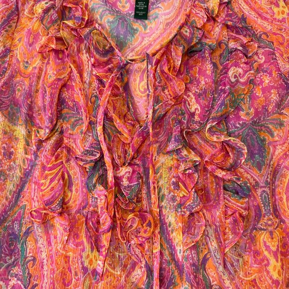 LRL Ralph Lauren Silk Chiffon Sheer Paisley Blouse Top Size M Petite Multicolor - Picture 6 of 12